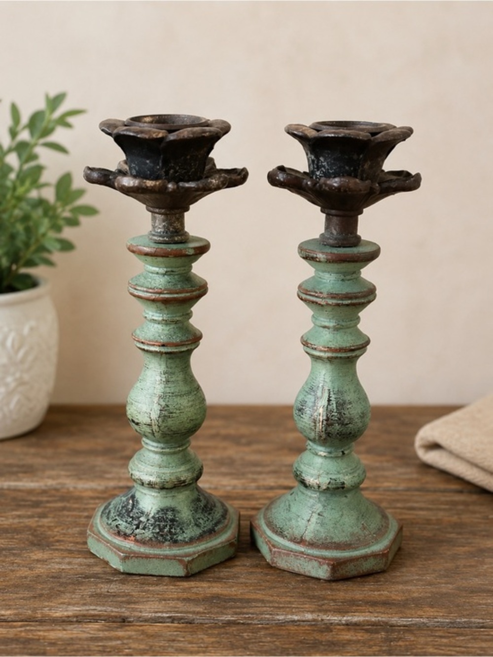 Pair of Candlesticks Vintage Look French Cottage Distressed Green Cottagecore